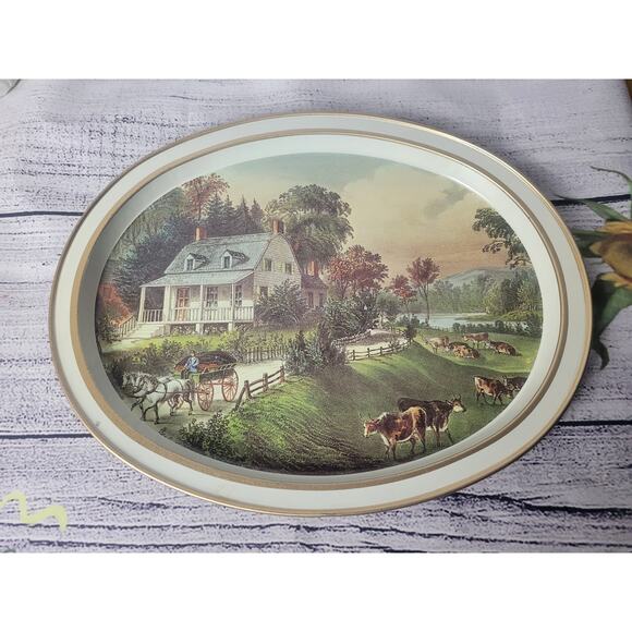 Vintage Currier and Ives Oval Metal Serving Trays 1868 - Picture 8 of 13